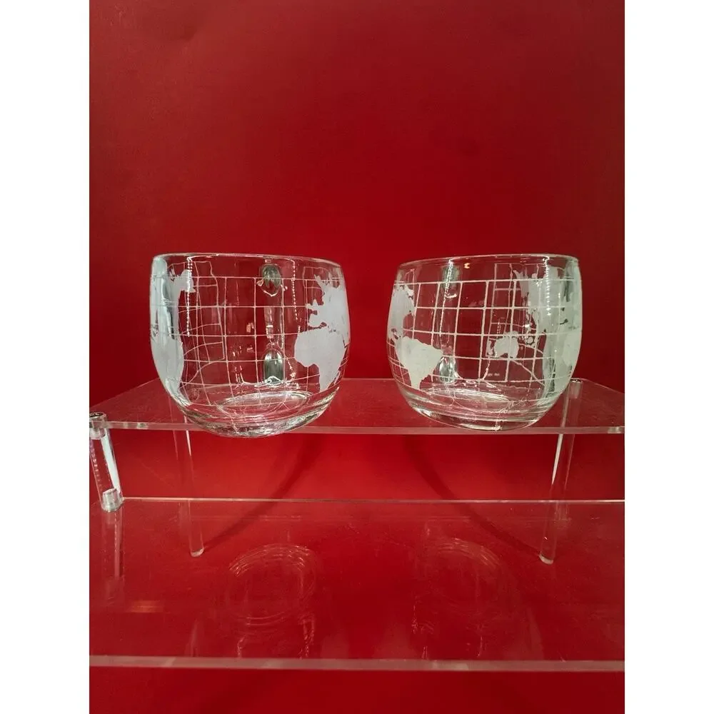 Vintage Set 2 Nestlé Etched Clear Glass Globe World Coffee 70s Mug Cups Retro
